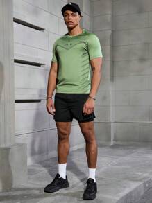 Manfinity Fitness Áo thun thể thao tay ngắn in chữ lưới thường ngày phong cách bạn trai dành cho nam, mùa hè - màu xanh lá - Xem 6