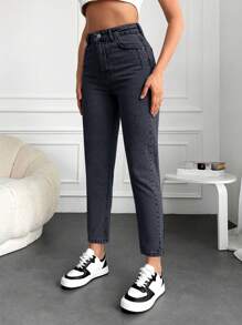 EURMUSE Casual High Waist Mom Fit Jeans - Dark Grey - View 4