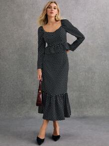 Poéselle Black And White Polka-Dot Two-Piece Set,Women Two Piece Sets,2pcs Women Autumn Elegant Polka Dot Print Ruffle Trim Top And Mini Skirt Set,Polka Dot Dress Set,Vintage Set, Effortless Chic Essential ,Elegant And Stylish, Suitable For Everyday, Street, Commute, Tea Break And Other Occasions To Wear