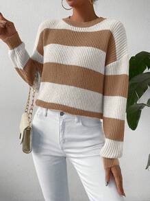 Chiquease Áo len dài tay cổ tròn phối màu kẻ sọc, kiểu dáng thường ngày, đa năng, thích hợp cho mùa thu đông. - Nhiều màu - Xem 3