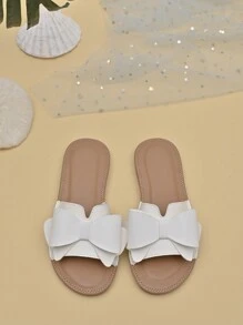 1 par de pantuflas de moda cómodas y adorables con moño para niñas, apropiadas para el verano - Beis - Ver 1