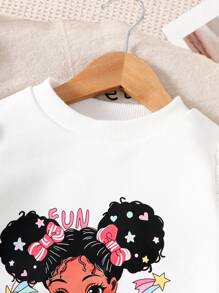 2pcs Set Baby Girl Cartoon Print Sweatshirt + Black Denim Effect Pants, Casual Outfit For Home, Leisure, Travel And Sports
