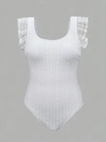 SHEIN Swim Women's Summer V-Neck Lace Trim Solid Color Beach One-Piece Swimsuit With Tummy Concealing - White - View 1