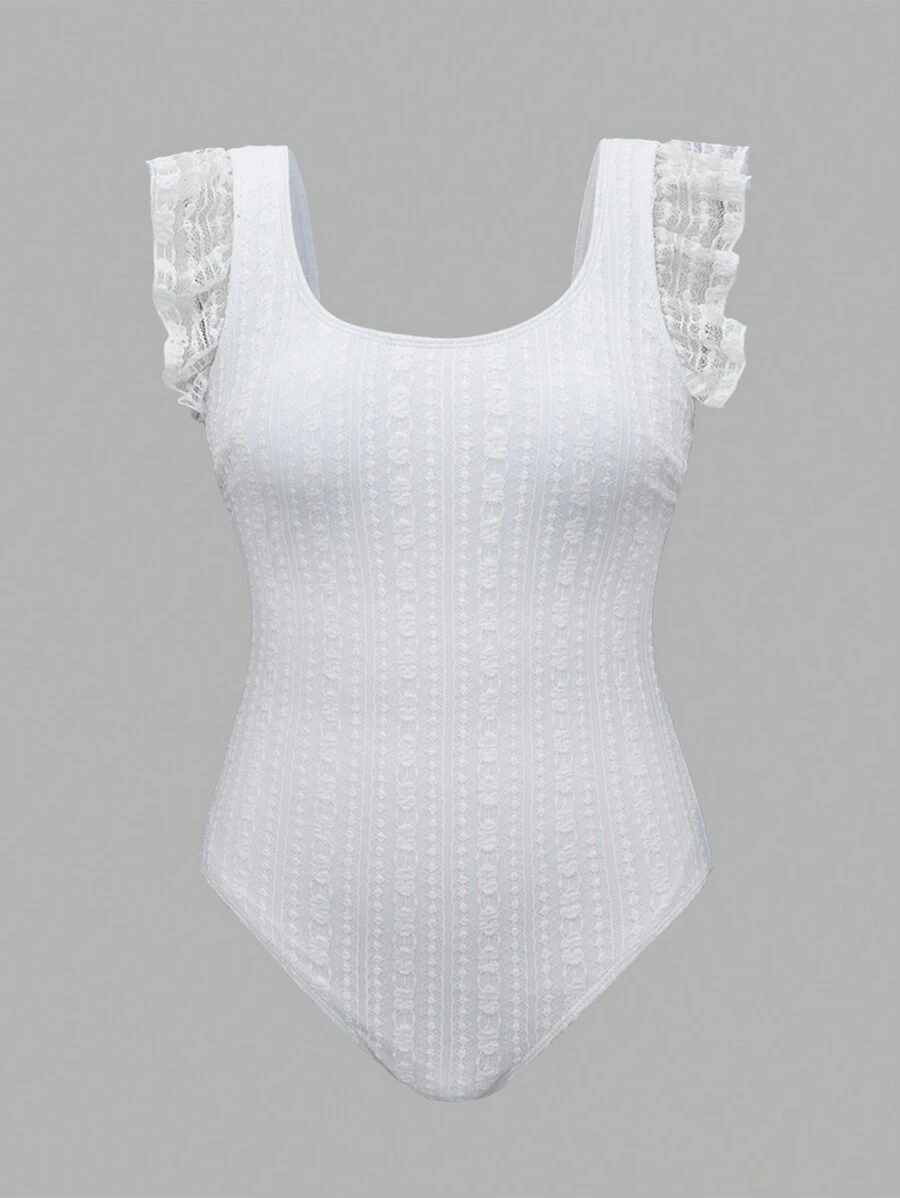 SHEIN Swim Women's Summer V-Neck Lace Trim Solid Color Beach One-Piece Swimsuit With Tummy Concealing - White - View 1