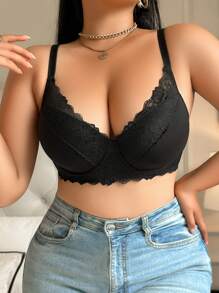 Große Größen volldecker drahtgeformter Lingerie BH, Lässig Stil mit Spitzen Dekoration, Komfort für den täglichen Gebrauch - Schwarz - Übersicht 4