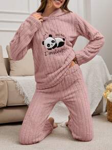 SHEIN Cottnline 2Pcs Plush Panda Embroidery Detail PJ Set - Dusty Pink - View 5
