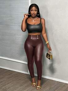 Slaydiva 女士纯色 PU 皮革双排扣修身性感长裤