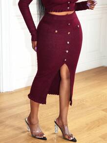 Zolique Women Elegant Solid Color Button Decor High Slit Bodycon Knit Skirt - Red - View 1