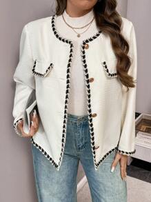 Flirla 大码优雅简约拼色修边夹克，秋季 - 杏色 - 查看 1