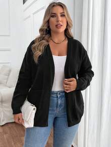 SHEIN Clasi 大码女式纯色长袖前开式休闲开衫，秋冬款 - 黑色 - 查看 5