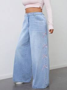 SHEIN ICON Plus Size Women Loose Pocket Embroidered Washed Casual Denim Pants - Light Wash - View 1