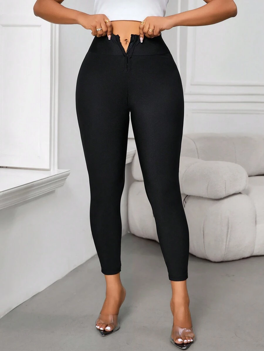SHEIN Lady Women's Leggings, Waist Vent Design - Black - View 1