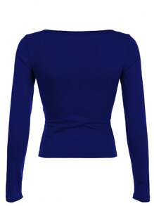 INAWLY Áo thun nữ cổ tròn in chữ cài nút phía trước, tay dài vừa vặn - Màu xanh lam - Xem 2