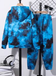 SHEIN Leap Crew Bộ 2 áo hoodie in hình trò chơi nhuộm loang lổ cho bé trai tuổi teen và quần chạy bộ dáng rộng thoải mái, thích hợp mặc khi đi làm, đi học, hàng ngày, nghỉ mát, thể thao, mùa xuân/hè/thu/đông - Nhiều màu - Xem 3
