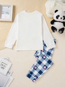 SHEIN Tween Girl Panda Print Crew Neck Long Sleeve Top And Plaid Pattern Pants Casual Comfortable Pajama Set - Blue and White - View 2