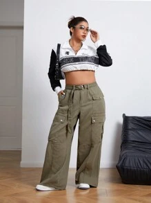 SHEIN ICON Quần Jeans Ống Rộng Túi Hộp Size Lớn Cho Nữ Thường Ngày Thoải Mái - xanh quân đội - Xem 4