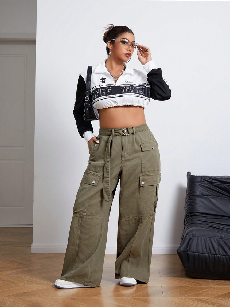 SHEIN ICON 大码女式工装口袋宽腿宽松休闲牛仔裤 - 軍綠色 - 查看 4