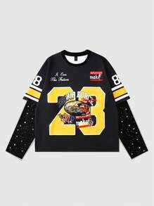 ROMWE MEN Street Life 男士字母和数字印花宽松二合一 T 恤，街头风格 - 黑色 - 查看 1