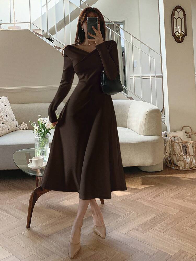 Women Long Wrap Dress, Solid Color, Spring/Fall Long Sleeve Dress