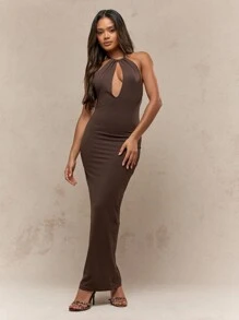 MISSGUIDED Cut-Out Halter Neck Backless Bodycon Maxi Dress - Brown - View 1