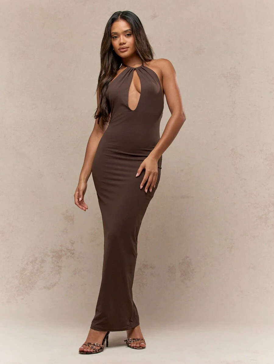 MISSGUIDED Cut-Out Halter Neck Backless Bodycon Maxi Dress - Brown - View 1