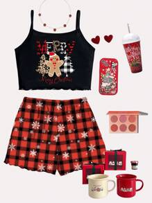 SHEIN 圣诞姜饼、豹纹圣诞树、红格子和雪花印花女童休闲修身吊带背心和短裤睡衣套装，适合夏季 - 彩色 - 查看 1