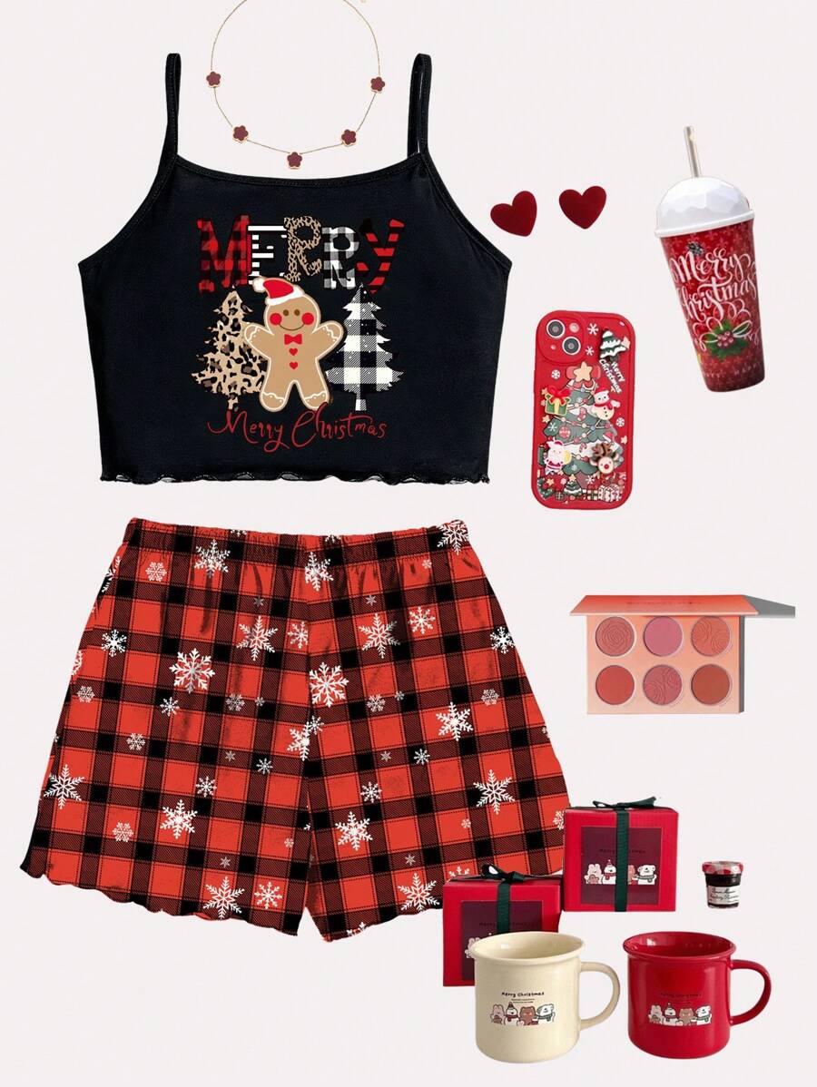SHEIN 圣诞姜饼、豹纹圣诞树、红格子和雪花印花女童休闲修身吊带背心和短裤睡衣套装，适合夏季 - 彩色 - 查看 1
