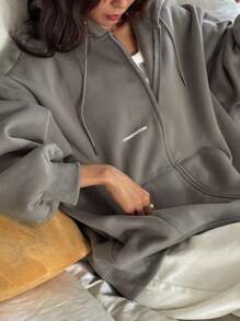 DAZY 女士针织连帽衫外套，字母印花，女士外套 - 灰色 - 查看 5