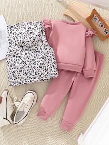 SHEIN 3pcs Young Girl Set: Fleece Heart Pattern Sweatshirt, Bowknot Sweatpants, Ditsy Floral Hooded Zipper Vest
