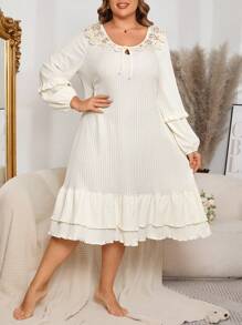 Camisola de Malha com Mangas de Lanterna, Recorte de Renda, Plus Size