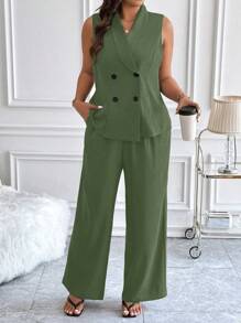 Celure 大码无袖双排扣花卉印花灰色西装外套和直筒阔腿裤 2 件套西装套装 - 橄欖綠 - 查看 1