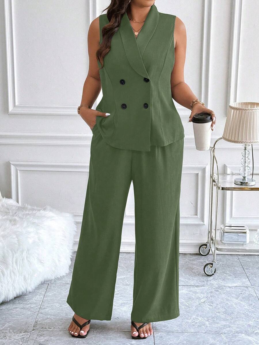 Celure 大码无袖双排扣花卉印花灰色西装外套和直筒阔腿裤 2 件套西装套装 - 橄欖綠 - 查看 1