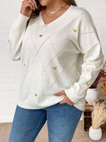 SHEIN Clasi Suéter de mujer de talla grande elegante para uso diario y viajes, versátil, de cuello en V, de hombros caídos, manga larga, con bordado de corazón dorado, para fiesta, reunión, suave, blanco, otoño e invierno, casual de negocios, ropa de trabajo, vestido para invitado de boda en otoño