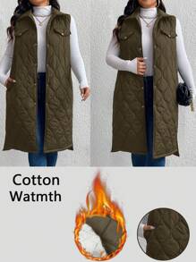 SHEIN LUNE Plus Size Women Single Breasted Long Padded Padded Vest Jacket, Solid Color, For Winter New Years Women Outfit Winter Dresses Winter Clothes Women Rave Outfits Thanksgiving Outfit Women