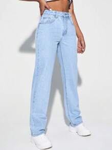 SHEIN EZwear High Waisted Light Wash Jeans - Light Wash - View 4