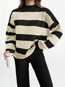 SHEIN Tall Striped Pattern Drop Shoulder Sweater & Knit Pants, Tall Women - Black and White - View 4