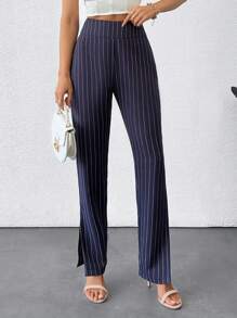 EURMUSE Women's Mid Rise Solid Striped Slit Detailed Suit Pants - Navy Blue - View 1