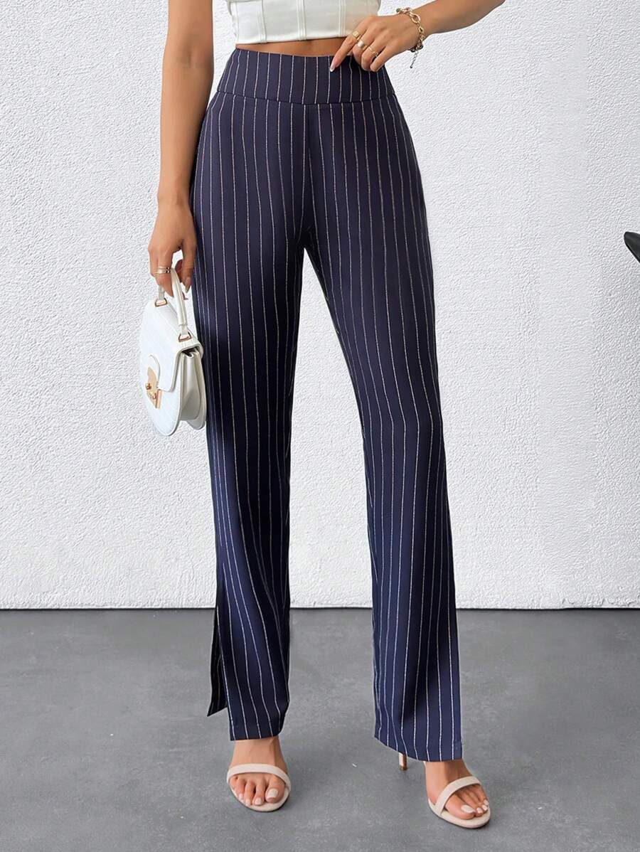 EURMUSE Women's Mid Rise Solid Striped Slit Detailed Suit Pants - Navy Blue - View 1