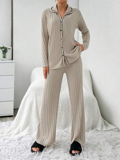 EURM Sleepwear Pajama Set Contrast Collar Hemline, ated Ribbed Sewing Thread Lines view 3