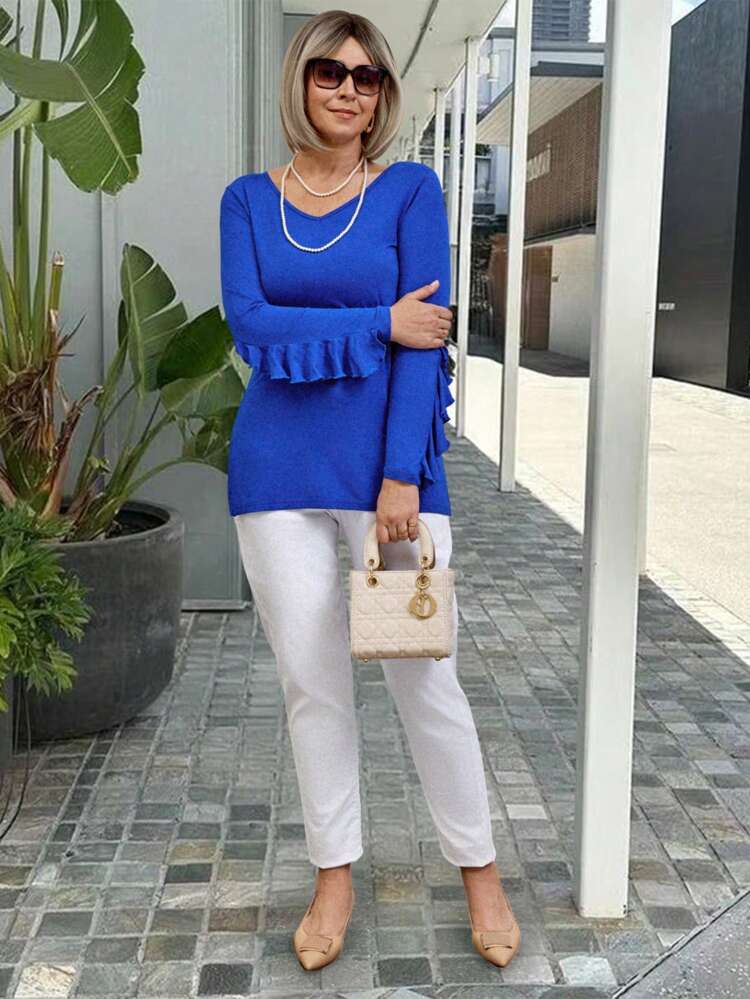 Blue Long Sleeve Winter Tops Slit Hem And Cuff Design Winter Women Clothes