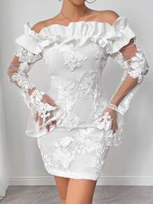 Calvaya 2024 New Elegant High-Craft Embroidery Ruffle Hem Flare Sleeve Mini Dress