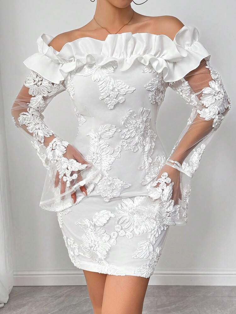 Chiquease Vestido mini con mangas campana y bajo con volantes, de alta calidad y elegante bordado, modelo 2024 - Blanco - Añade 4