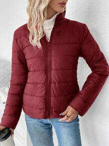 SHEIN LUNE 女士休闲纯色拉链前衬垫外套，冬季服装款式 - 酒紅色 - 查看 5