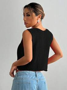 SHEIN Unity Fashionable Round Neck Button Closure Minimalist Sleeveless Knit Top - Black - View 2