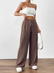 SHEIN PETITE Quần ống đứng túi xéo họa tiết trơn màu tối giản thời trang dành cho nữ - Màu nâu Sô-cô-la - Xem 5