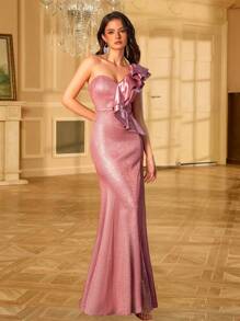 闪亮烫金喷金材质斜肩花卉蕾丝袖美人鱼晚礼服，后背蝴蝶结，高开叉，优雅正式舞会婚礼宾客礼服，适合毕业典礼、晚宴 - 粉色 - 查看 1