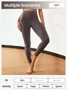 SHEIN Sports 女士高腰纯色弹力收腹紧身裤 - 灰色 - 查看 3