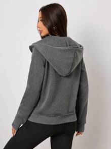 SHEIN Unity 女士纯色长袖拉链领休闲连帽夹克，秋季 - 灰色 - 查看 2