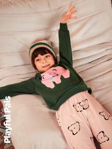 SHEIN 小男孩羊毛保暖圆领长袖图案运动衫和宽松图案运动裤 2 件套秋冬装 - 彩色 - 查看 10