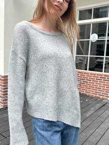 INAWLY Women's Asymmetrical Neck Batwing Sleeve Solid Color Sweater, Autumn Winter Knit Pullover Fall - Grey - View 5